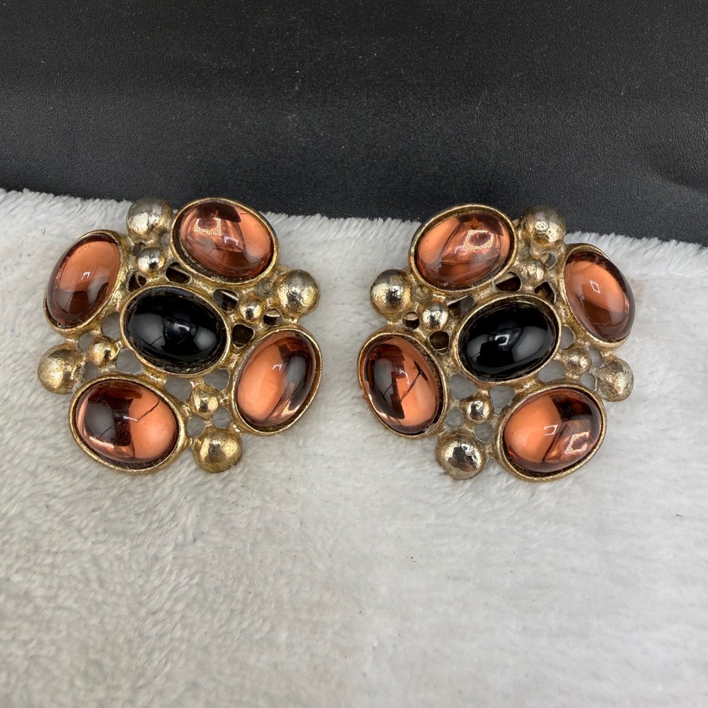 Vintage Musi Shoe Clips Gold Black Oval Cabochon Cluster